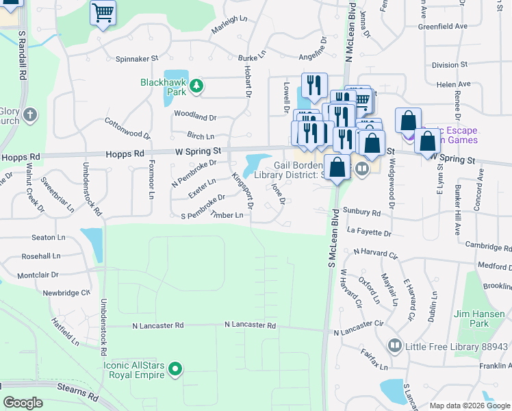 map of restaurants, bars, coffee shops, grocery stores, and more near 65 Kingsport Drive in South Elgin