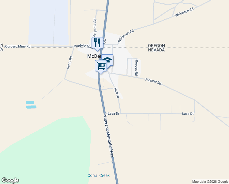 map of restaurants, bars, coffee shops, grocery stores, and more near 340 Jaca Drive in McDermitt