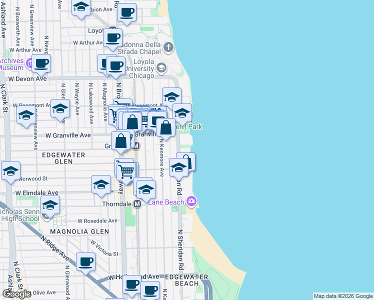 map of restaurants, bars, coffee shops, grocery stores, and more near 6157 North Sheridan Road in Chicago