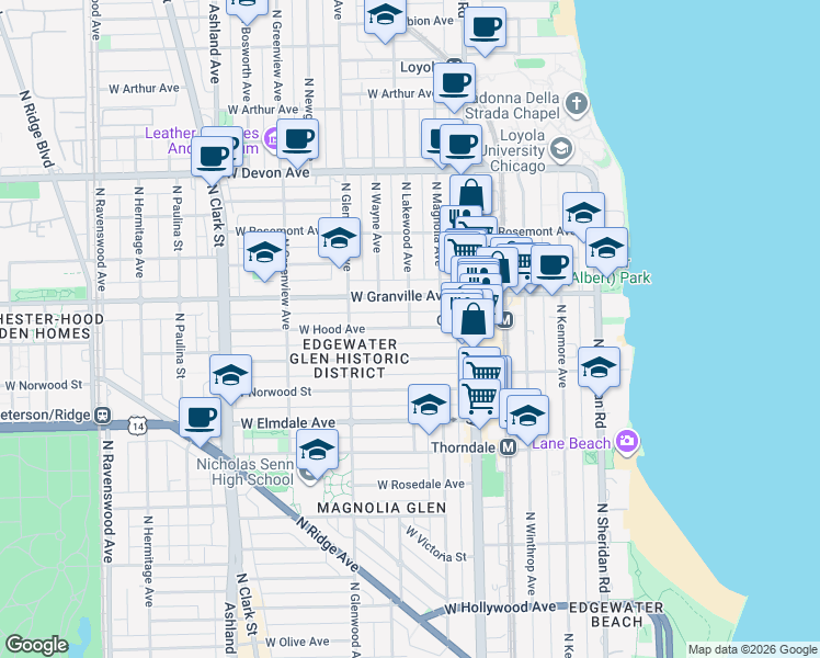 map of restaurants, bars, coffee shops, grocery stores, and more near North Lakewood Avenue & West Hood Avenue in Chicago