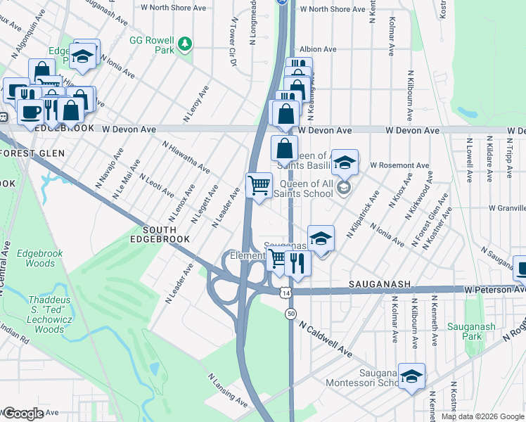 map of restaurants, bars, coffee shops, grocery stores, and more near 6200 North Hiawatha Avenue in Chicago
