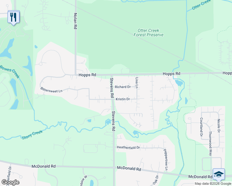 map of restaurants, bars, coffee shops, grocery stores, and more near 8N633 Stevens Road in Elgin