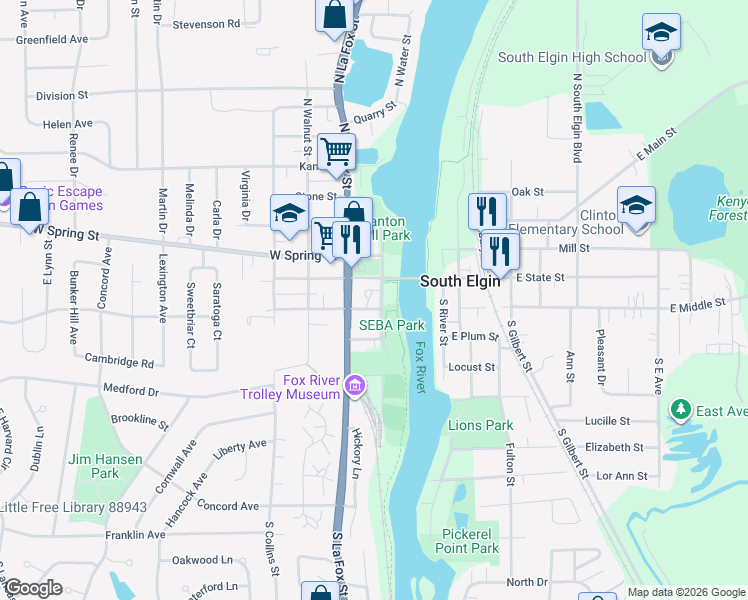 map of restaurants, bars, coffee shops, grocery stores, and more near 124 West Middle Street in South Elgin