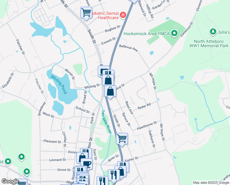 map of restaurants, bars, coffee shops, grocery stores, and more near 38 Elmwood Street in North Attleborough