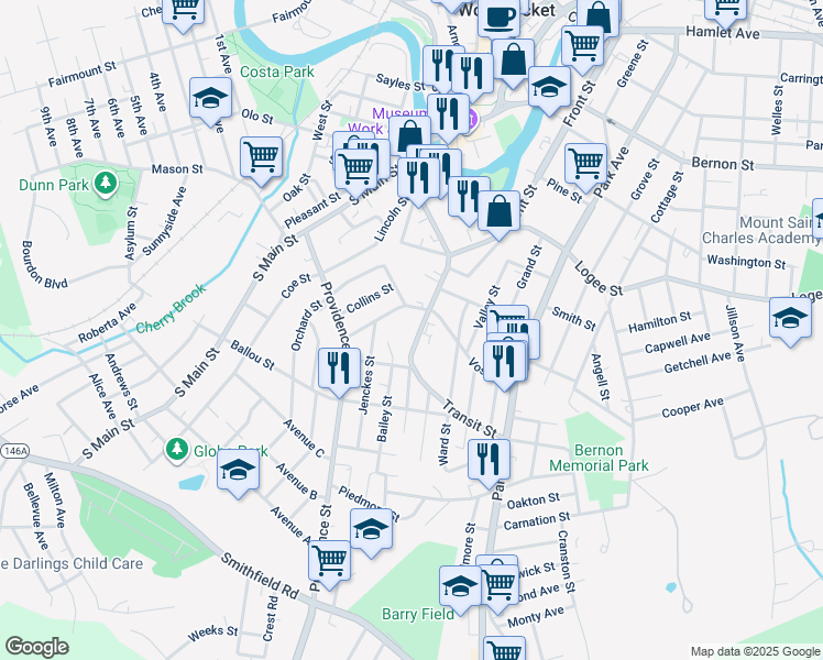 map of restaurants, bars, coffee shops, grocery stores, and more near 125 Vose Street in Woonsocket