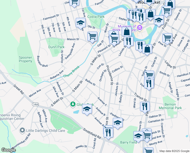 map of restaurants, bars, coffee shops, grocery stores, and more near 39 Wilbur Avenue in Woonsocket