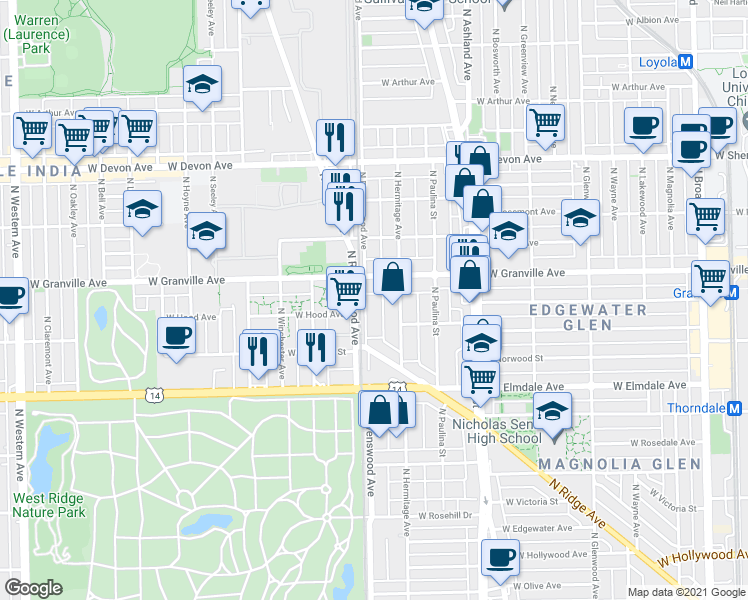 map of restaurants, bars, coffee shops, grocery stores, and more near 6165 North Ravenswood Avenue in Chicago
