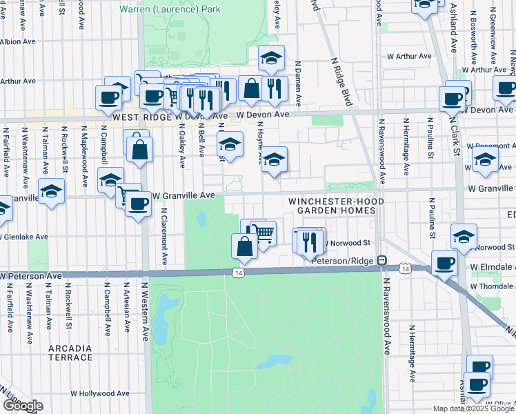map of restaurants, bars, coffee shops, grocery stores, and more near 2101 West Granville Avenue in Chicago