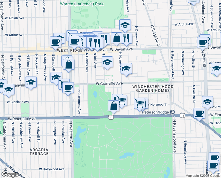 map of restaurants, bars, coffee shops, grocery stores, and more near 2143 West Granville Avenue in Chicago