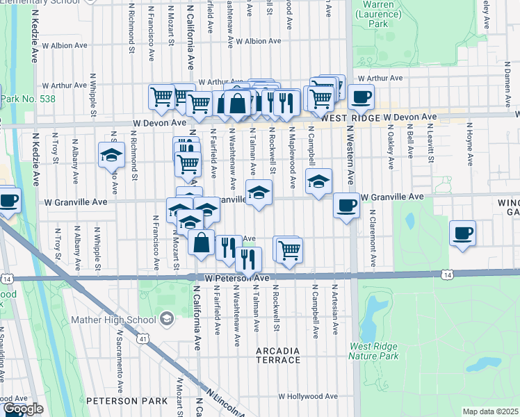 map of restaurants, bars, coffee shops, grocery stores, and more near 6154 North Talman Avenue in Chicago