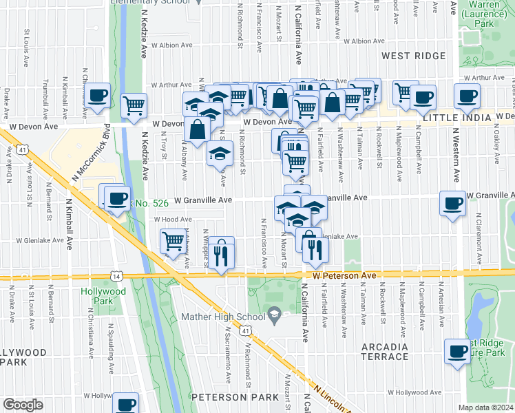 map of restaurants, bars, coffee shops, grocery stores, and more near 2903 West Granville Avenue in Chicago