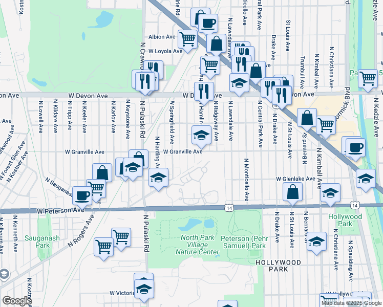 map of restaurants, bars, coffee shops, grocery stores, and more near 6206 North Hamlin Avenue in Chicago