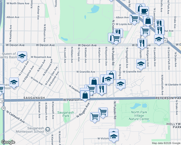 map of restaurants, bars, coffee shops, grocery stores, and more near 6209 North Keeler Avenue in Chicago