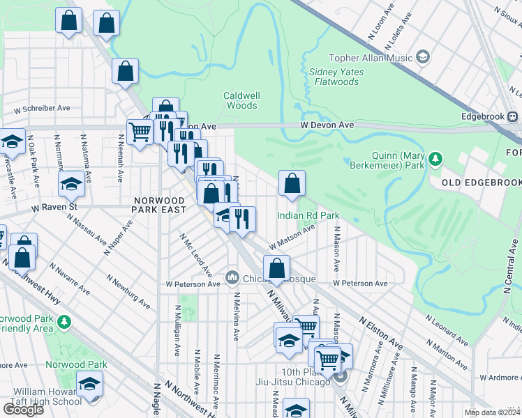 map of restaurants, bars, coffee shops, grocery stores, and more near 6171 North Moody Avenue in Chicago