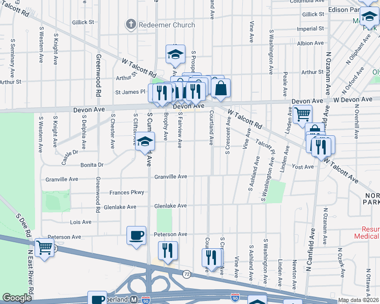 map of restaurants, bars, coffee shops, grocery stores, and more near 1330 Courtland Avenue in Park Ridge
