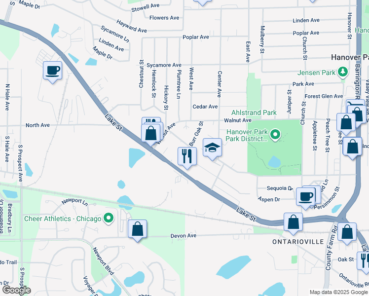 map of restaurants, bars, coffee shops, grocery stores, and more near 2200 Burr Oak Street in Hanover Park