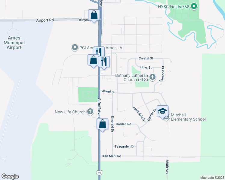 map of restaurants, bars, coffee shops, grocery stores, and more near 111 Jewel Drive in Ames