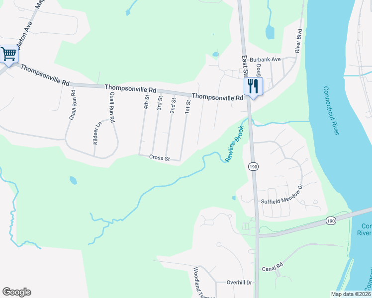 map of restaurants, bars, coffee shops, grocery stores, and more near 120 1st Street in Suffield