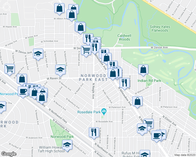 map of restaurants, bars, coffee shops, grocery stores, and more near 6355 West Raven Street in Chicago