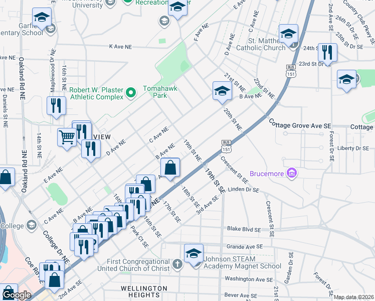 map of restaurants, bars, coffee shops, grocery stores, and more near 210 19th Street Northeast in Cedar Rapids