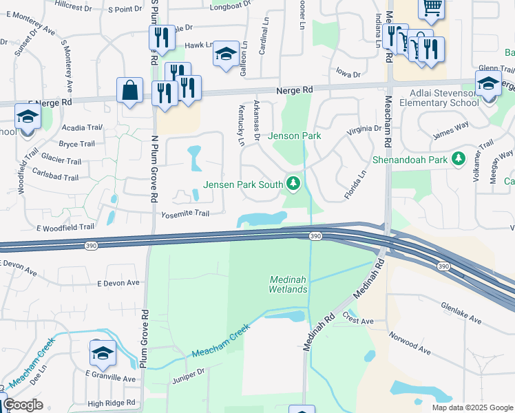 map of restaurants, bars, coffee shops, grocery stores, and more near 1058 Tennessee Lane in Elk Grove Village