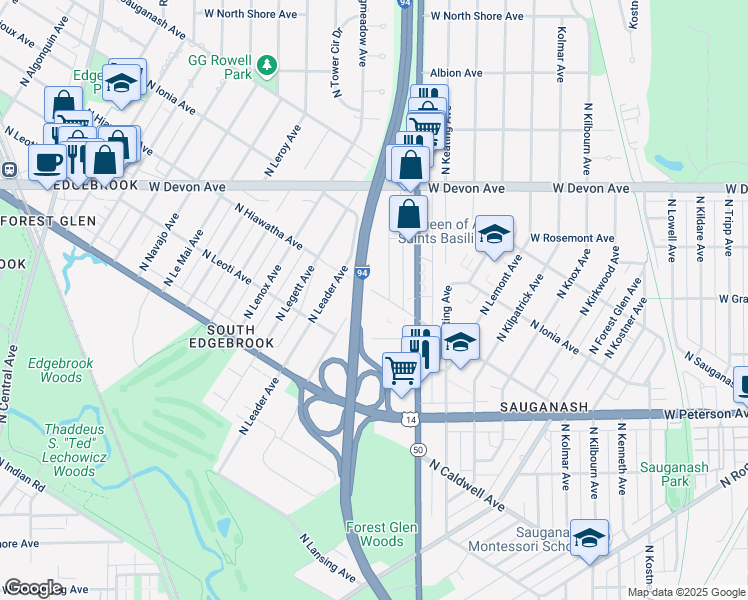 map of restaurants, bars, coffee shops, grocery stores, and more near 6200 North Hiawatha Avenue in Chicago