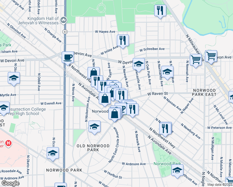 map of restaurants, bars, coffee shops, grocery stores, and more near 6221 North Niagara Avenue in Chicago
