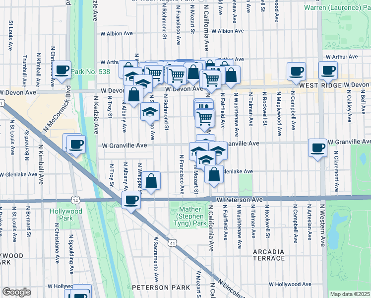 map of restaurants, bars, coffee shops, grocery stores, and more near 2903 West Granville Avenue in Chicago