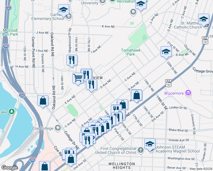 map of restaurants, bars, coffee shops, grocery stores, and more near 1721 D Avenue Northeast in Cedar Rapids