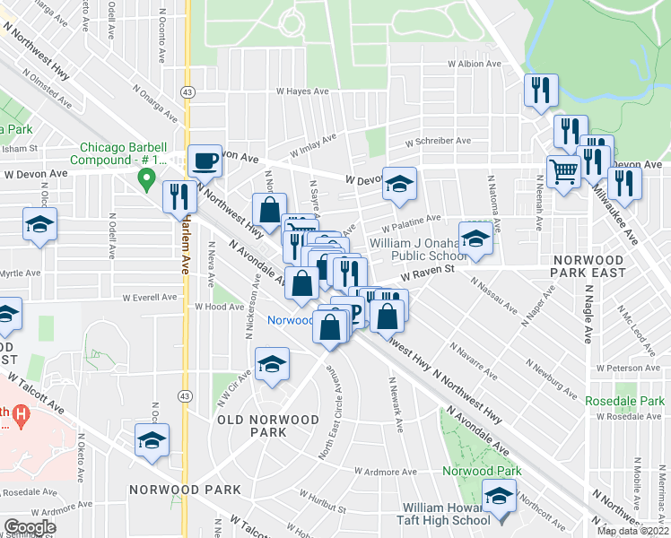 map of restaurants, bars, coffee shops, grocery stores, and more near 6221 North Niagara Avenue in Chicago
