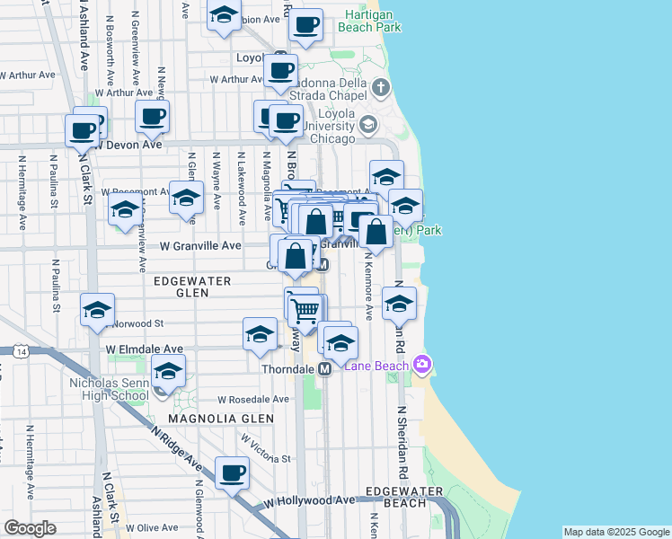 map of restaurants, bars, coffee shops, grocery stores, and more near 6158 North Winthrop Avenue in Chicago