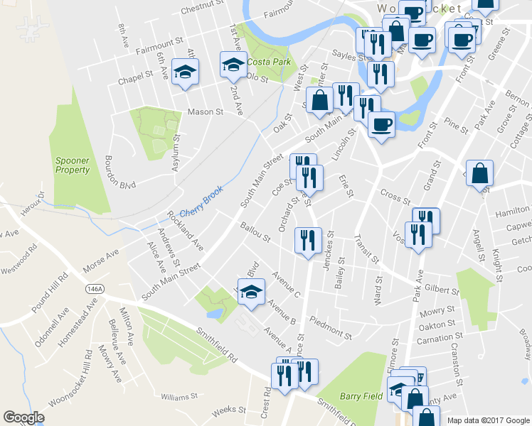 map of restaurants, bars, coffee shops, grocery stores, and more near 160 Coe Street in Woonsocket