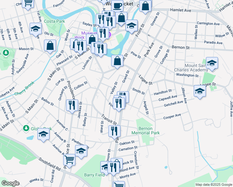map of restaurants, bars, coffee shops, grocery stores, and more near 79 Cross Street in Woonsocket