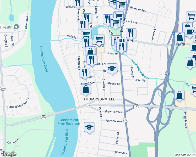 map of restaurants, bars, coffee shops, grocery stores, and more near 125 Pearl Street in Enfield