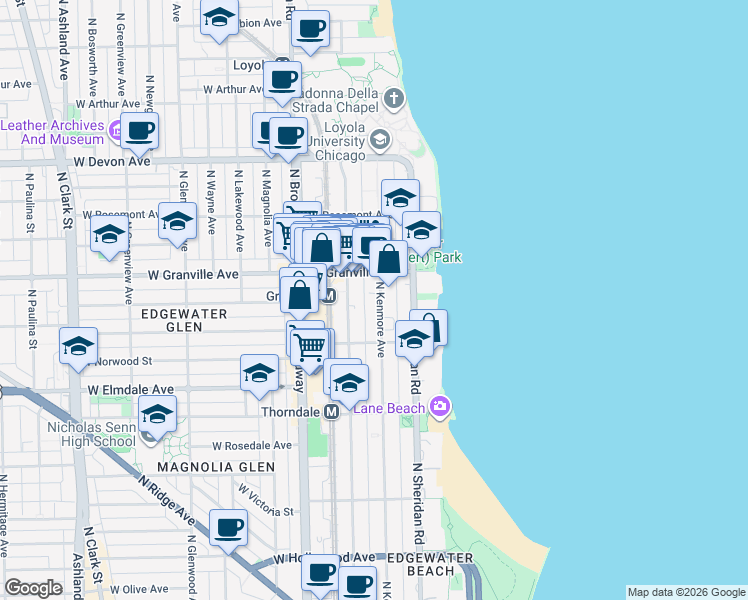 map of restaurants, bars, coffee shops, grocery stores, and more near 6162 North Kenmore Avenue in Chicago