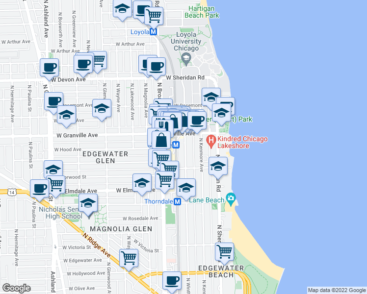 map of restaurants, bars, coffee shops, grocery stores, and more near 6158 North Winthrop Avenue in Chicago