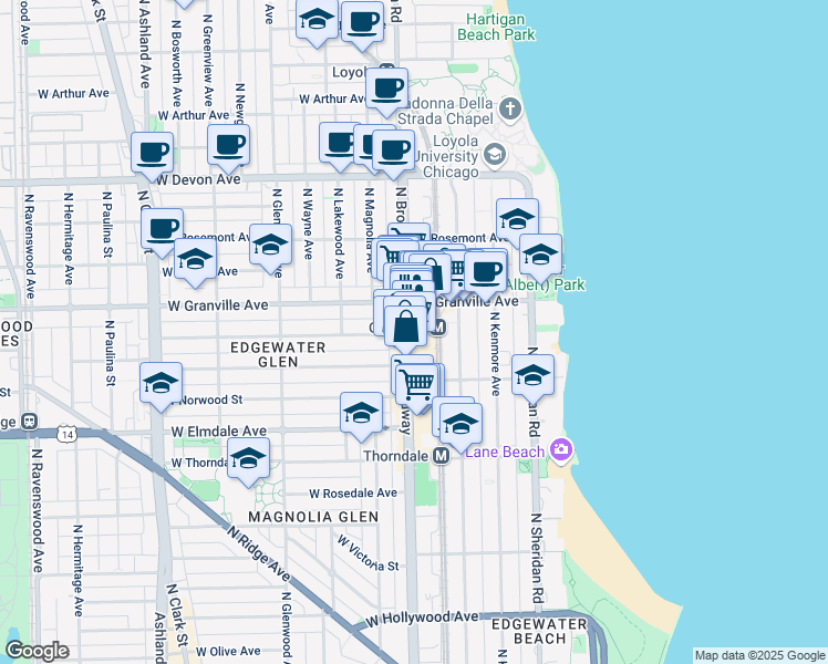 map of restaurants, bars, coffee shops, grocery stores, and more near 6161 North Broadway in Chicago