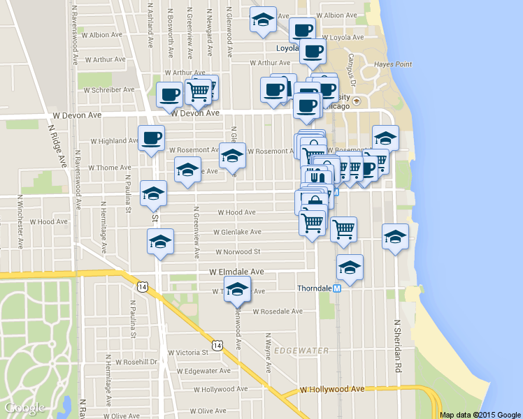 map of restaurants, bars, coffee shops, grocery stores, and more near in Chicago