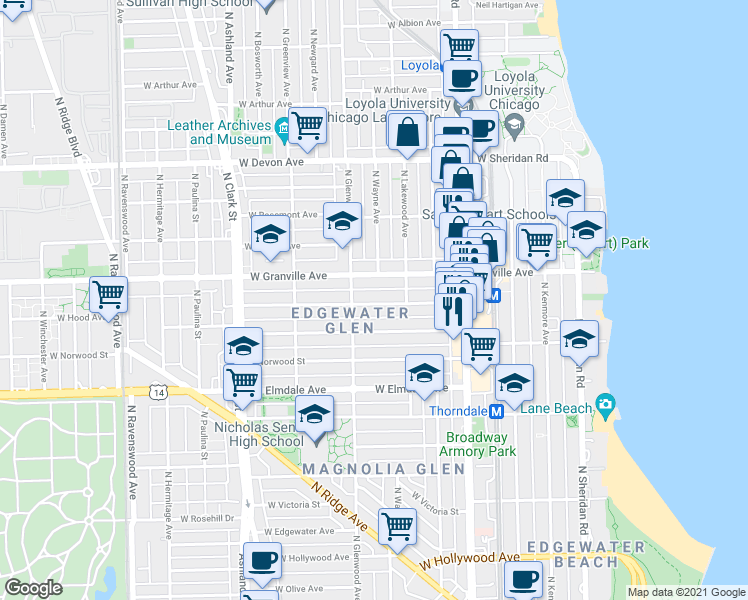 map of restaurants, bars, coffee shops, grocery stores, and more near 1341 West Granville Avenue in Chicago