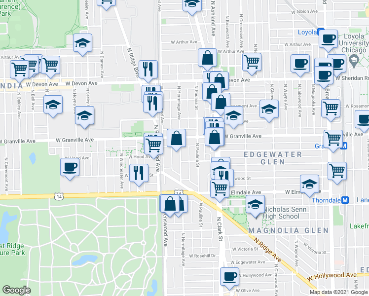 map of restaurants, bars, coffee shops, grocery stores, and more near 1743 West Granville Avenue in Chicago