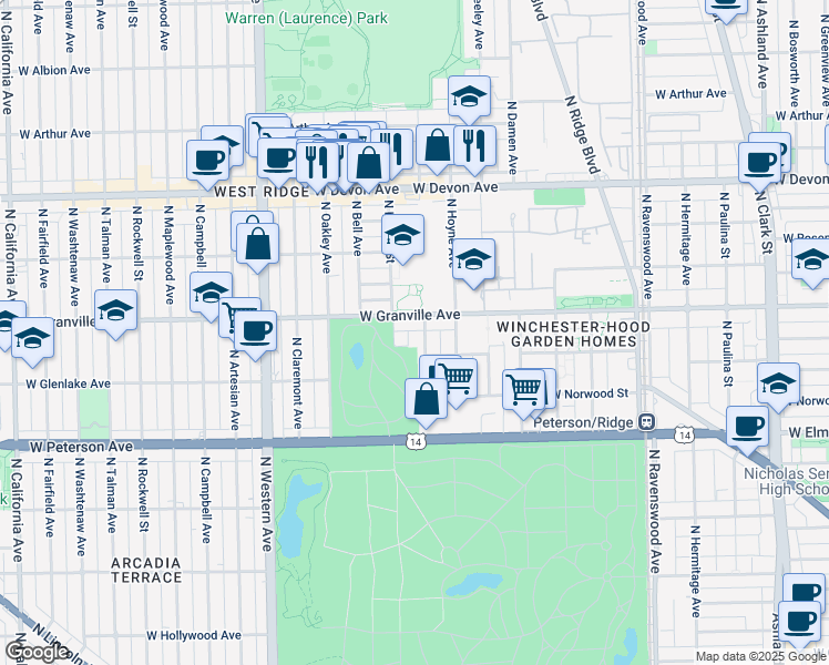 map of restaurants, bars, coffee shops, grocery stores, and more near 2143 West Granville Avenue in Chicago