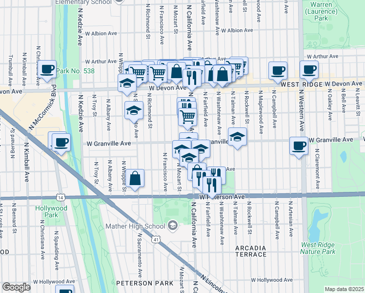 map of restaurants, bars, coffee shops, grocery stores, and more near 2818 West Granville Avenue in Chicago