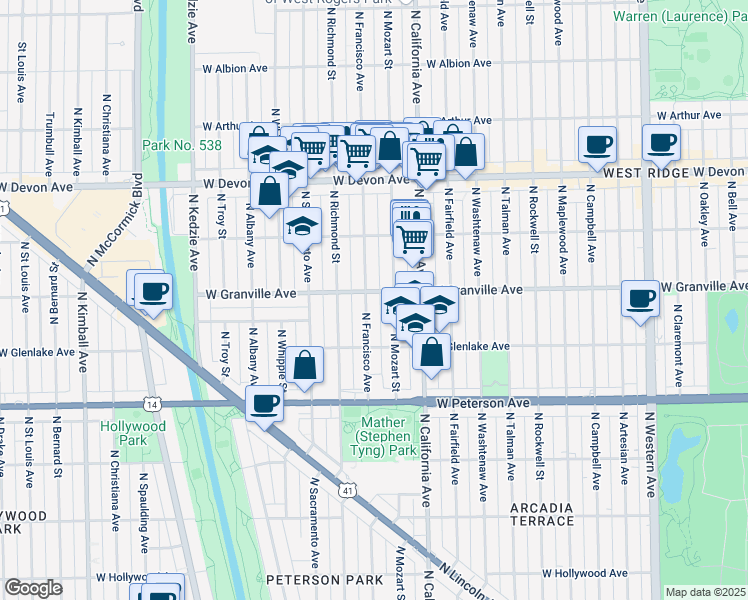 map of restaurants, bars, coffee shops, grocery stores, and more near 2903 West Granville Avenue in Chicago
