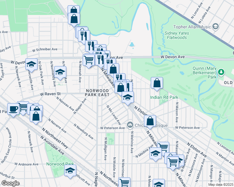 map of restaurants, bars, coffee shops, grocery stores, and more near 6201 North Milwaukee Avenue in Chicago