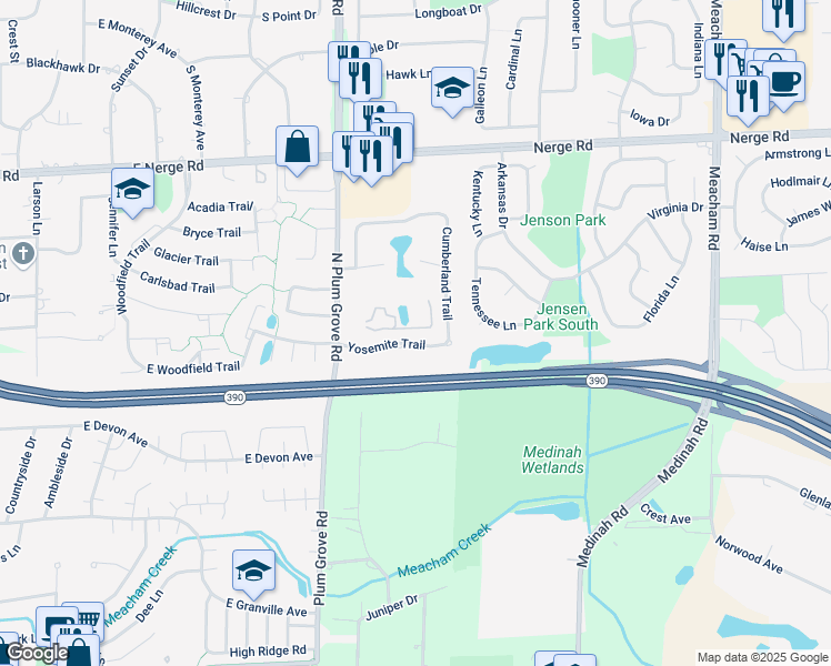 map of restaurants, bars, coffee shops, grocery stores, and more near 577 Plum Grove Road in Roselle