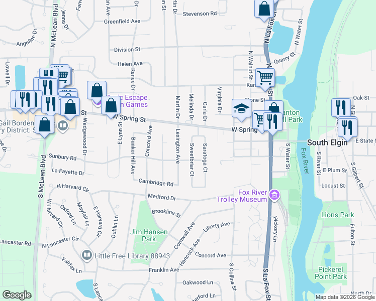 map of restaurants, bars, coffee shops, grocery stores, and more near 49 Sweetbriar Court in South Elgin