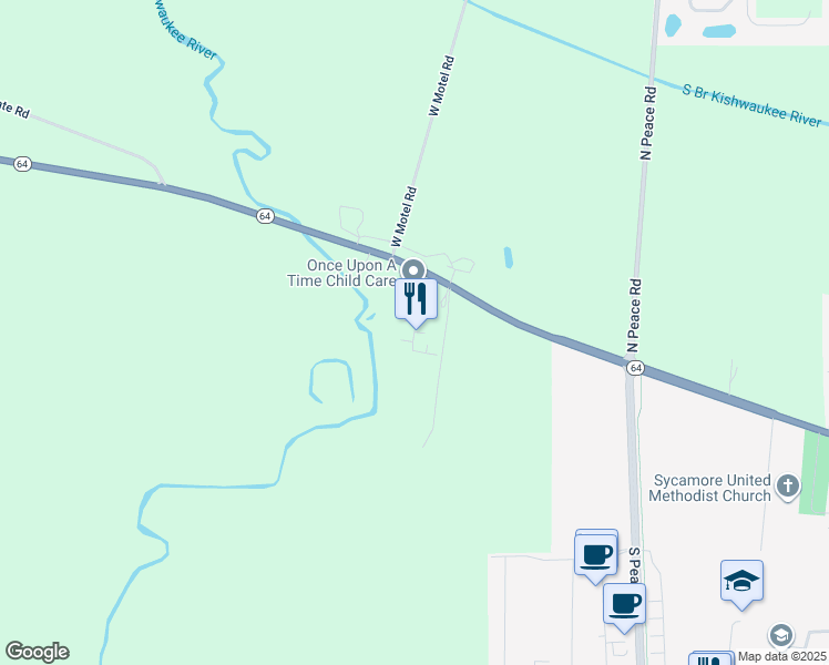 map of restaurants, bars, coffee shops, grocery stores, and more near 120 Liberty Lane in Sycamore