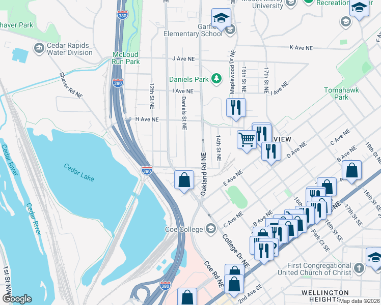 map of restaurants, bars, coffee shops, grocery stores, and more near 838 Daniels Street Northeast in Cedar Rapids