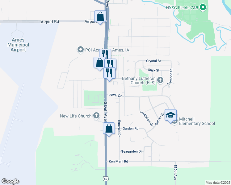 map of restaurants, bars, coffee shops, grocery stores, and more near 111 Jewel Drive in Ames