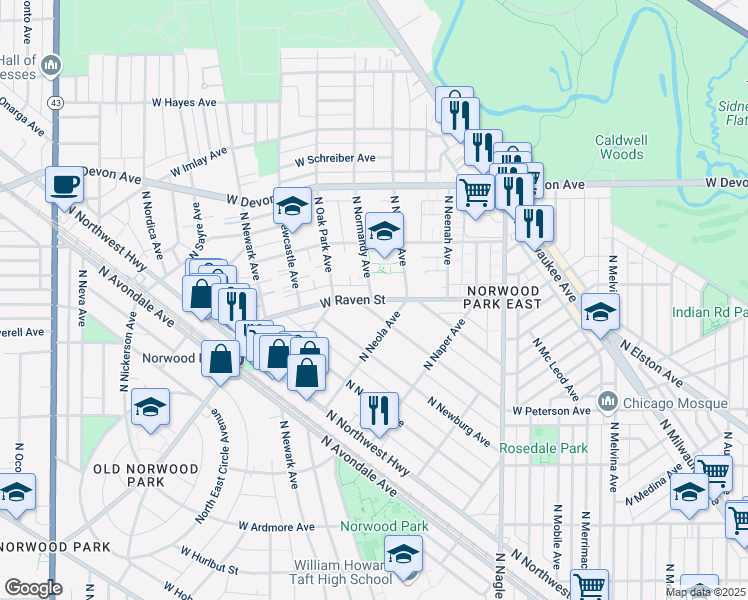 map of restaurants, bars, coffee shops, grocery stores, and more near 6634 West Raven Street in Chicago